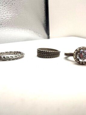 3pc Ring Lot Silver Tone Rhinestone Band Stackable Vintage Style Rings